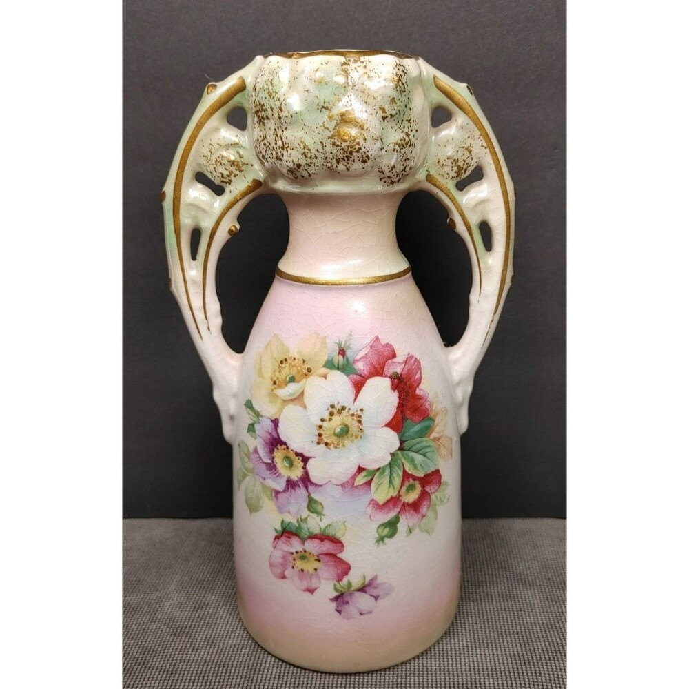 Royal Bruxonia Austria Porcelain Double Handle Vase 8” Floral Pattern